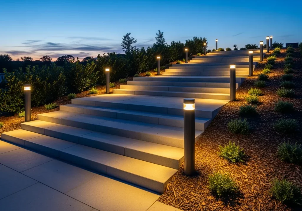 Bollard Style Lights Flanking Outdoor Steps