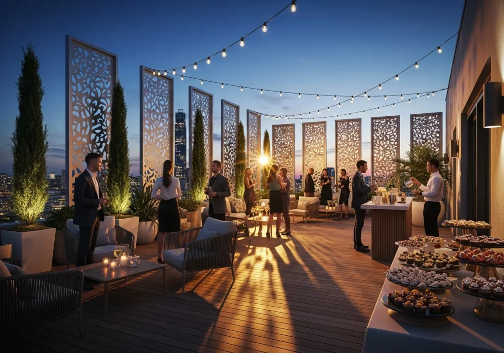 Boutique apartment building rooftop with artistic laser-cut metal railing panels.