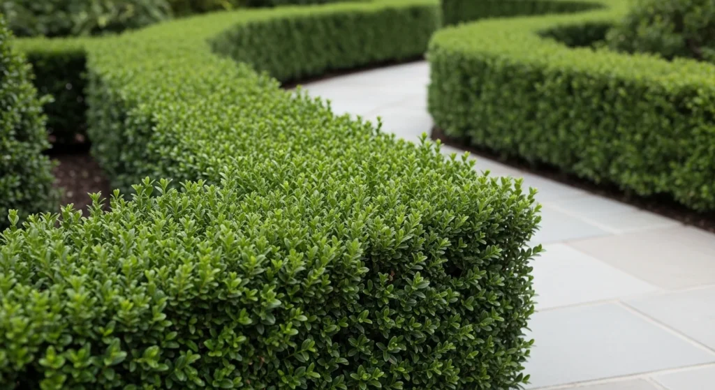 Neatly clipped dwarf boxwood hedges creating structured borders in formal garden