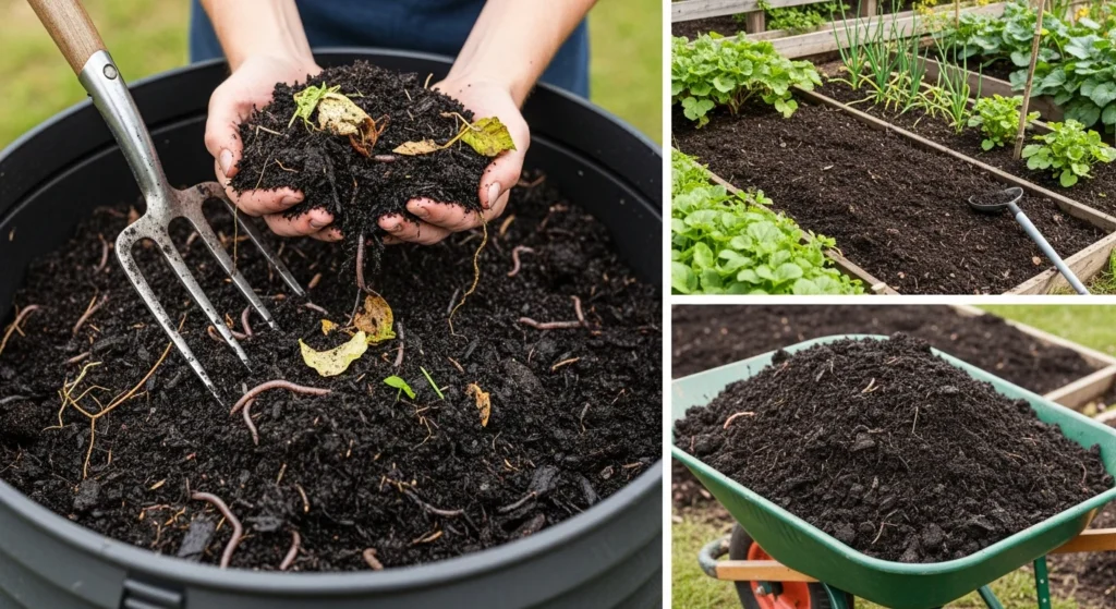 Composting system with finished compost, organic matter decomposition, and healthy soil rich in nutrients and beneficial organisms