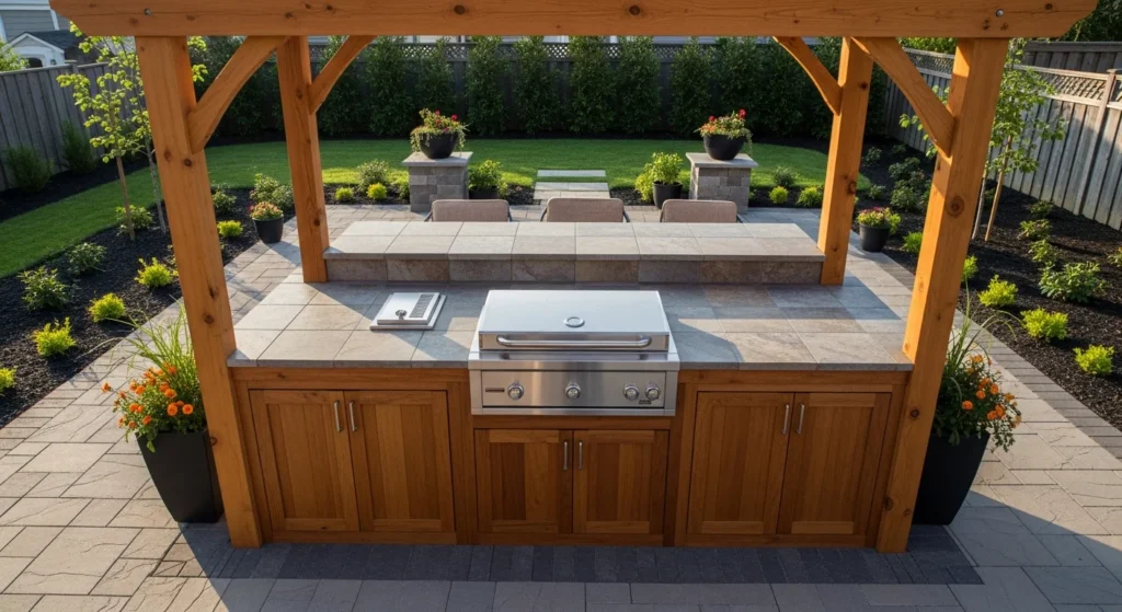Built-in wood frame grill station with stone countertops and storage cabinets