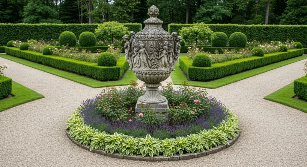 Classical stone urn as focal point at intersection of formal garden pathways