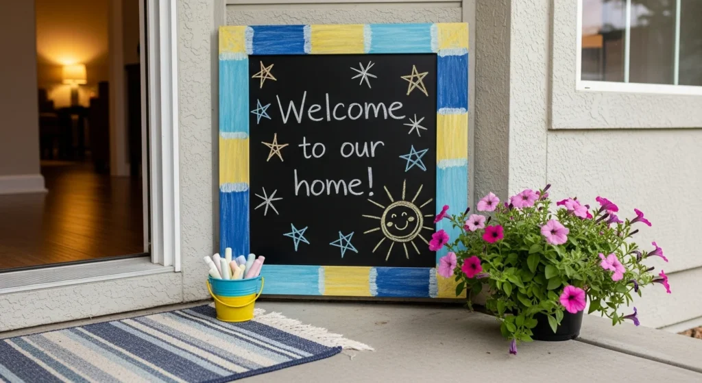 
Chalkboard paint section on concrete porch with decorative frame and welcome message