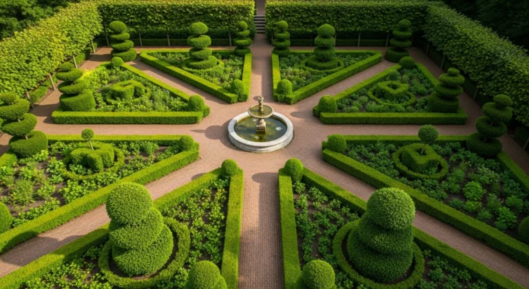 Elegant small formal garden with symmetrical design, boxwood hedges, geometric pathways, and central fountain