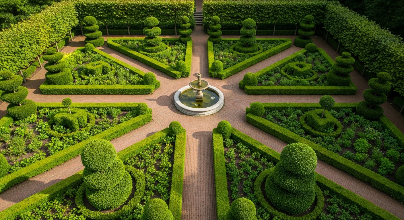 Elegant small formal garden with symmetrical design, boxwood hedges, geometric pathways, and central fountain