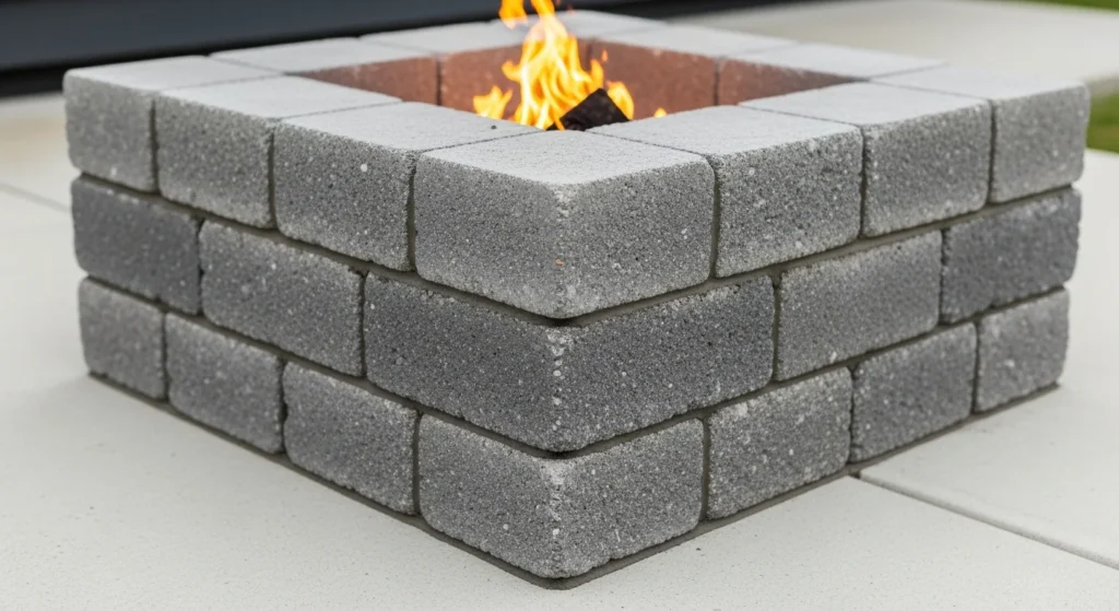  Simple stacked brick square fire pit built above ground on patio surface