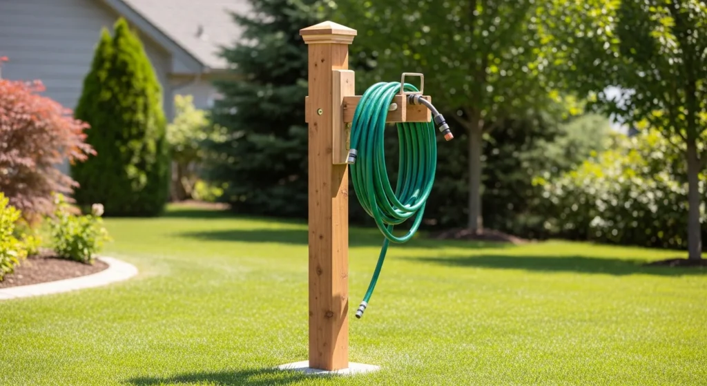 Freestanding wooden post water hose holder with cedar construction and decorative cap in backyard lawn