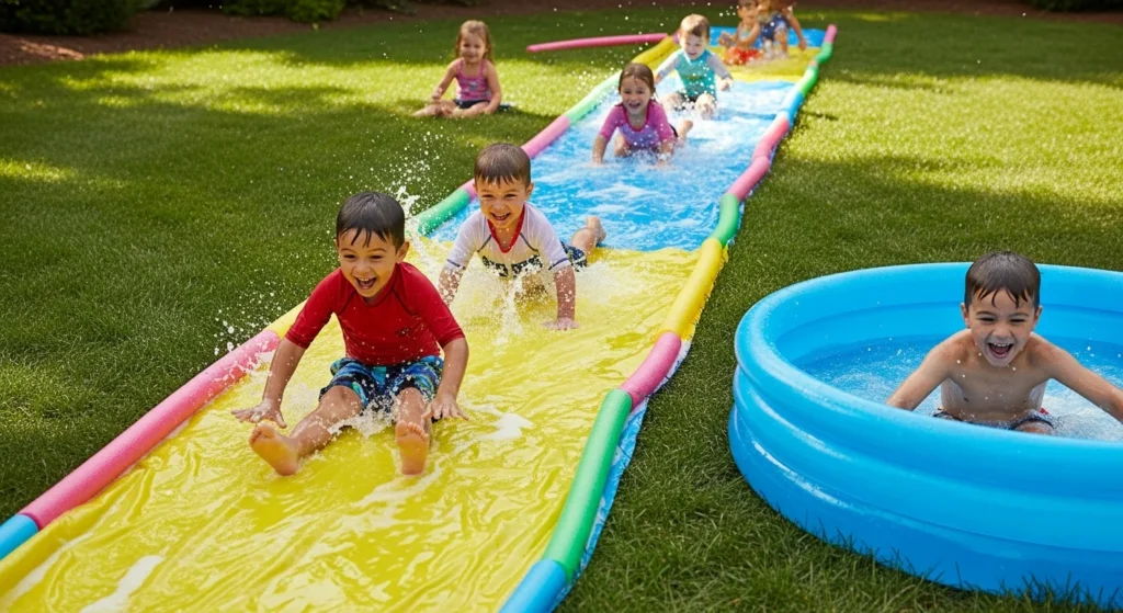 Long plastic slip and slide with pool noodle bumpers on green grass with children sliding into an inflatable pool