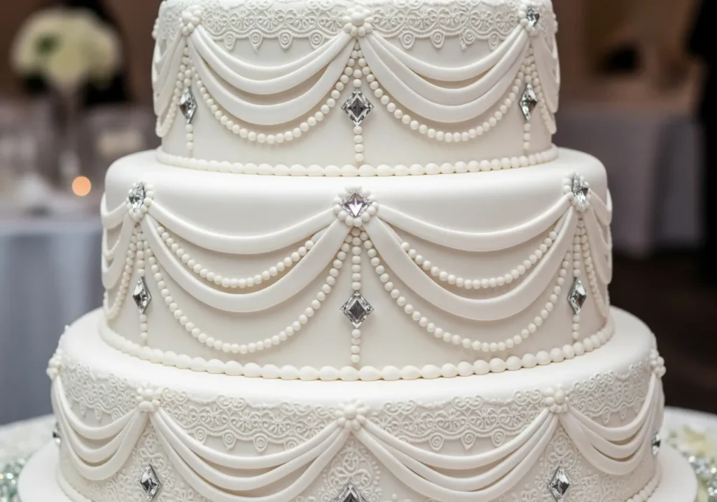 Classic White Diamonds and Pearls Wedding Cake