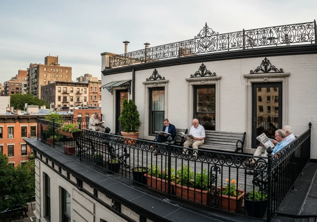 Classic apartment building rooftop with ornate black wrought iron railing
