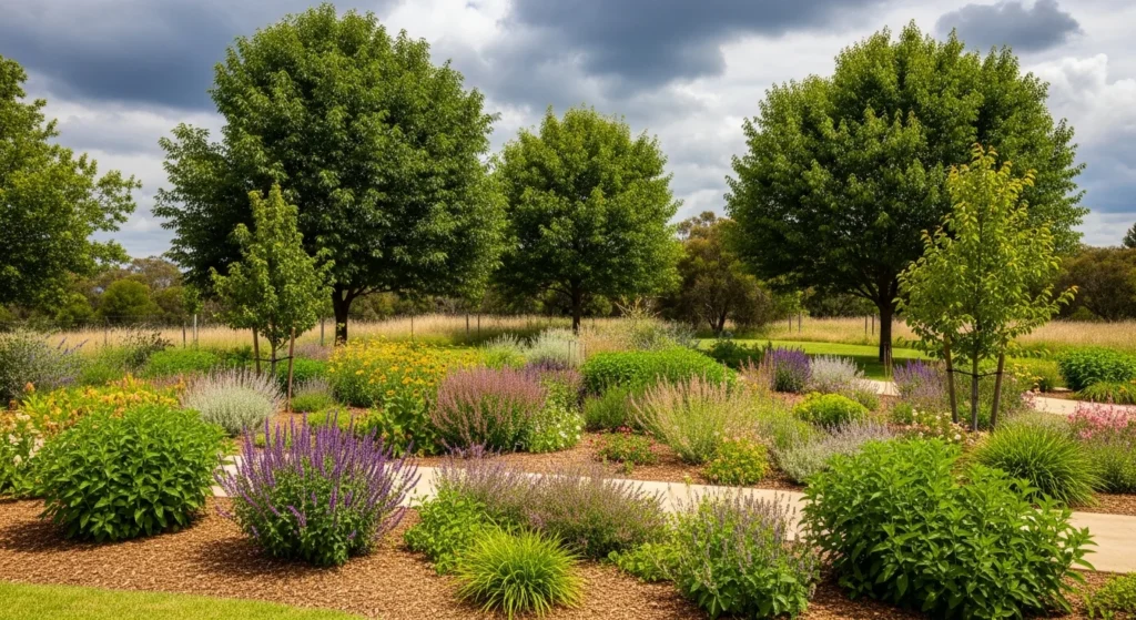 Climate-resilient landscape with diverse plantings, shade trees, stormwater management, and species adapted to changing environmental conditions