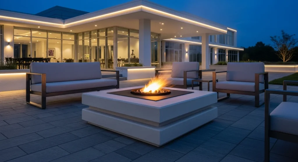 Sleek modern square fire pit with smooth concrete blocks and clean lines