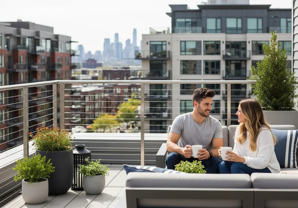 Contemporary apartment rooftop deck with horizontal stainless steel cable railing, young couple enjoying coffee on outdoor sofa