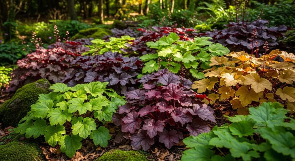 Lush drift of colorful heuchera with burgundy and purple foliage creating rich tapestry in shaded woodland garden
