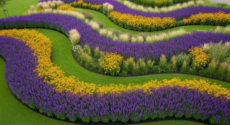 Aerial view of colorful garden showing flowing ribbons of perennial plants in naturalistic drift patterns with purple salvia yellow rudbeckia and ornamental grasses