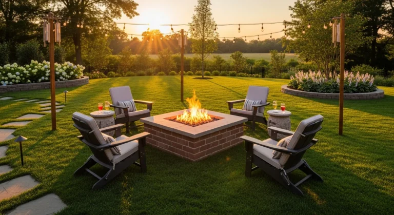 Multiple square brick fire pits in various designs showcasing different styles and layouts in backyard settings