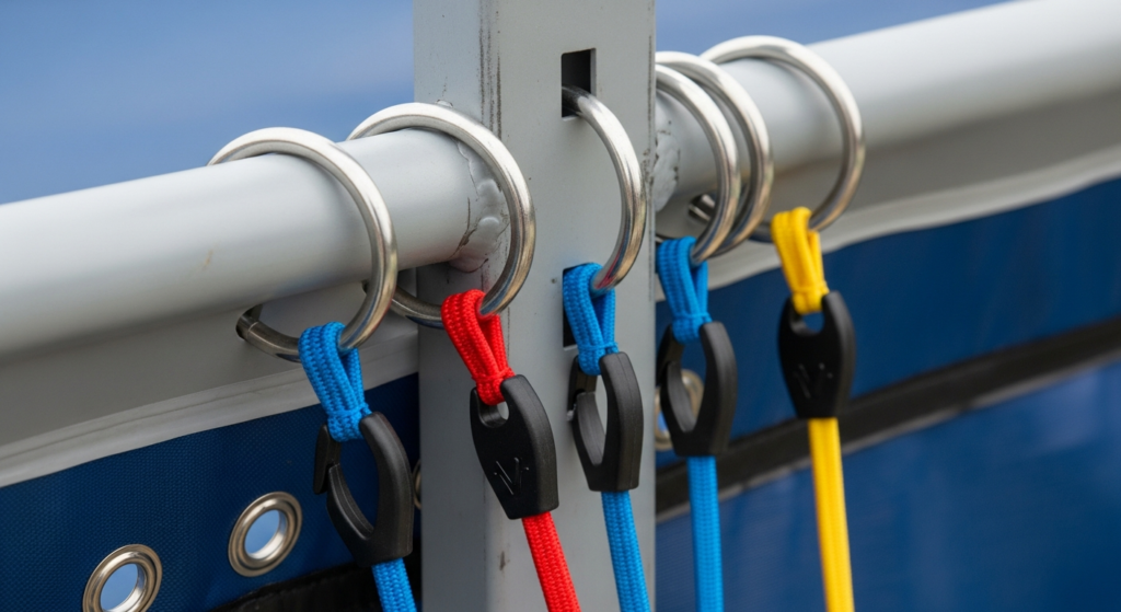  Metal curtain rings and bungee cord system securing a pool cover to frame poles.