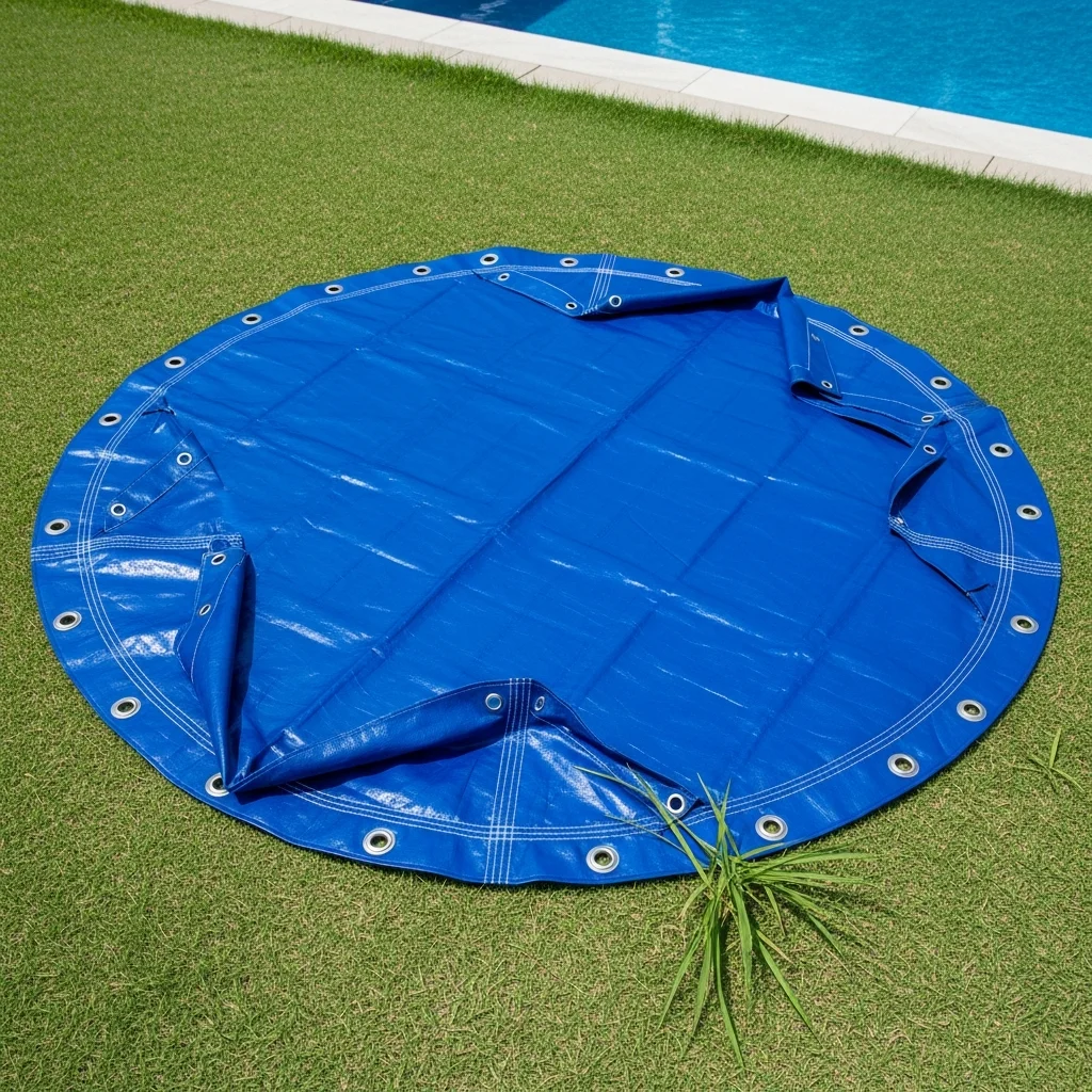 Circular custom-cut tarp with reinforced edges and metal grommets for above ground pool.