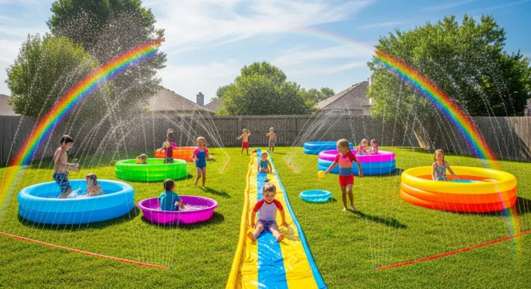 Colorful backyard water park with multiple water features including sprinklers, inflatable pools, and children playing in the summer sun