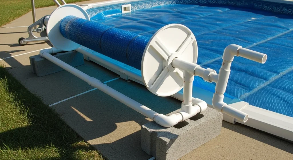  Handmade pool cover reel constructed from white PVC pipe with hand crank mechanism.