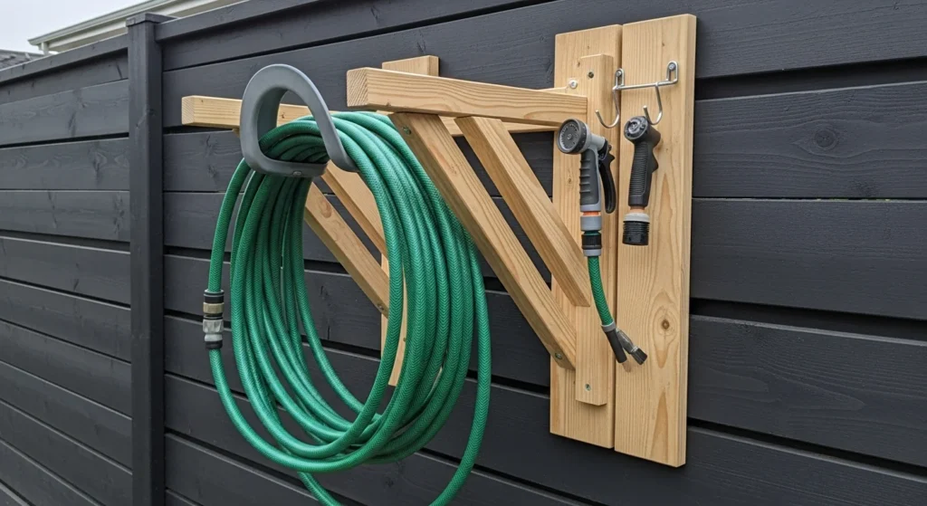 Simple wooden wall-mounted fence bracket holding coiled garden hose with utility hooks for accessories