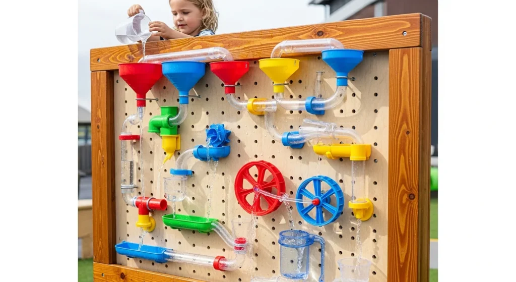  Vertical pegboard water wall with funnels, tubes, and containers creating cascading water flow