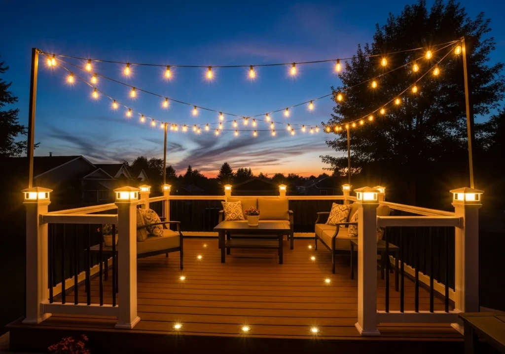 Deck illuminated at dusk with integrated lighting system, post cap lights glowing warmly on railing 