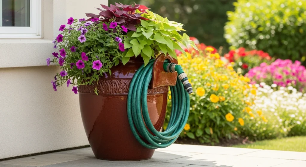Decorative ceramic planter pot with flowers serving as dual-purpose garden water hose holder and flower container