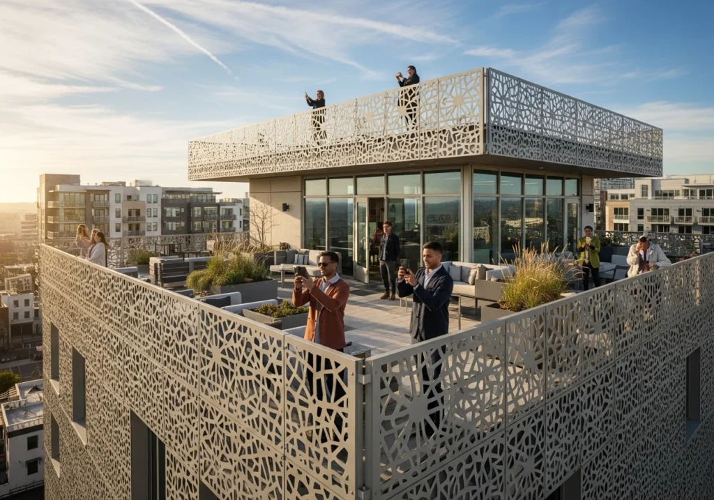 Designer apartment building rooftop with custom laser-cut metal railing panels featuring geometric patterns