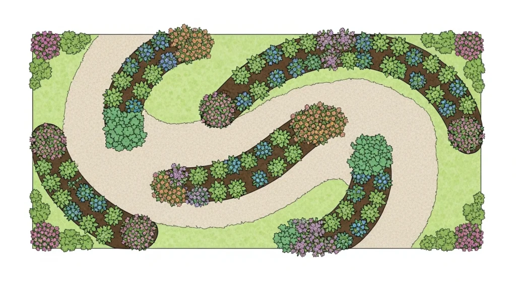 Garden design diagram showing elongated groups of plants arranged in flowing patterns demonstrating drift planting technique