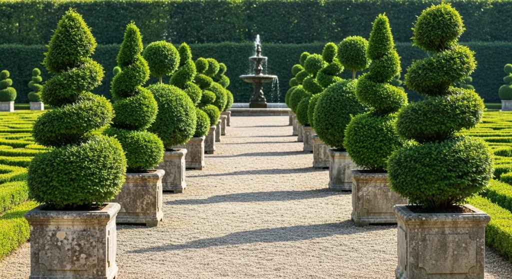 Sculptural boxwood topiaries in various shapes including spheres and spirals in formal garden