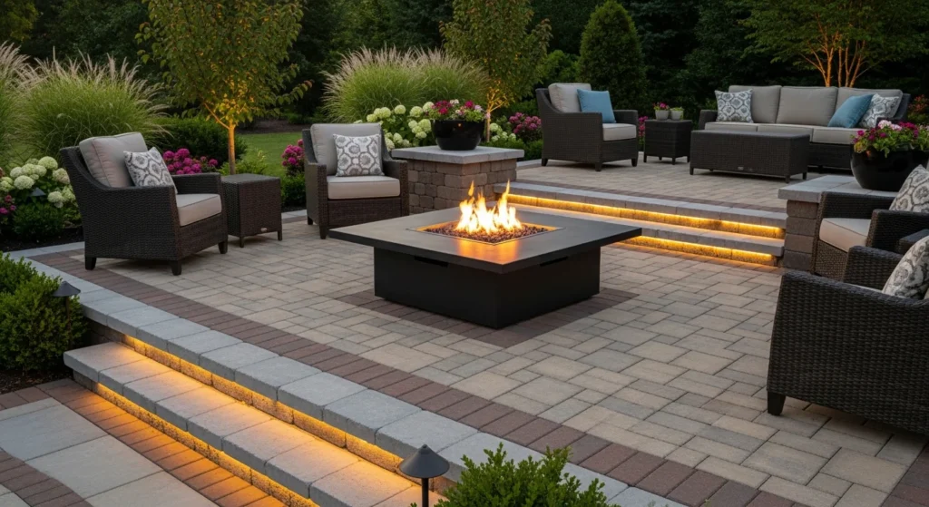 square fire pit raised on elevated paver platform with surrounding deck space
