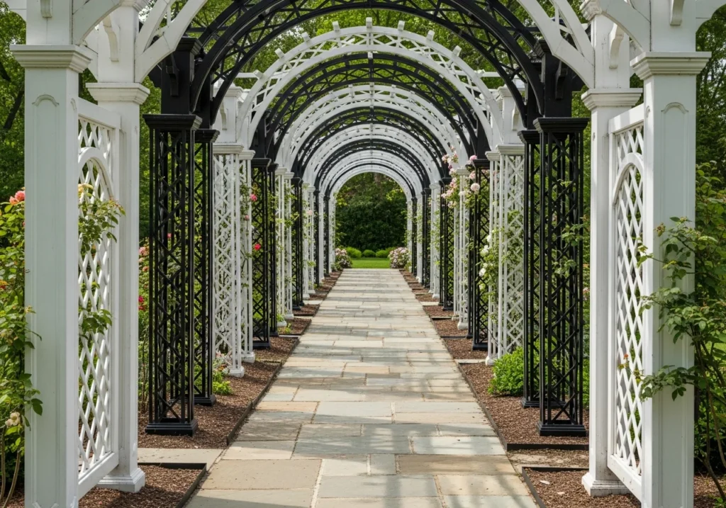 A series of ornate garden arbors aligned to create a tunnel effect along a flagstone pathway. 
