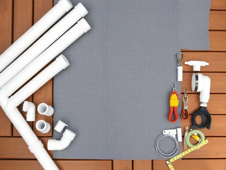Rolled shade cloth fabric in gray, white PVC pipes and fittings, metal grommets, zip ties, bungee cords, tarp clips, measuring tape, and weather-resistant hardware spread on wooden deck surface, organized arrangement for instructional purposes.