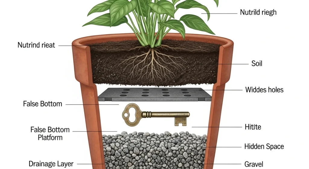 Cross-section view of flower pot showing hidden key beneath false bottom