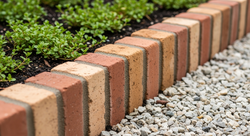 Brick soldier course edging creating clean definition between garden bed and pathway