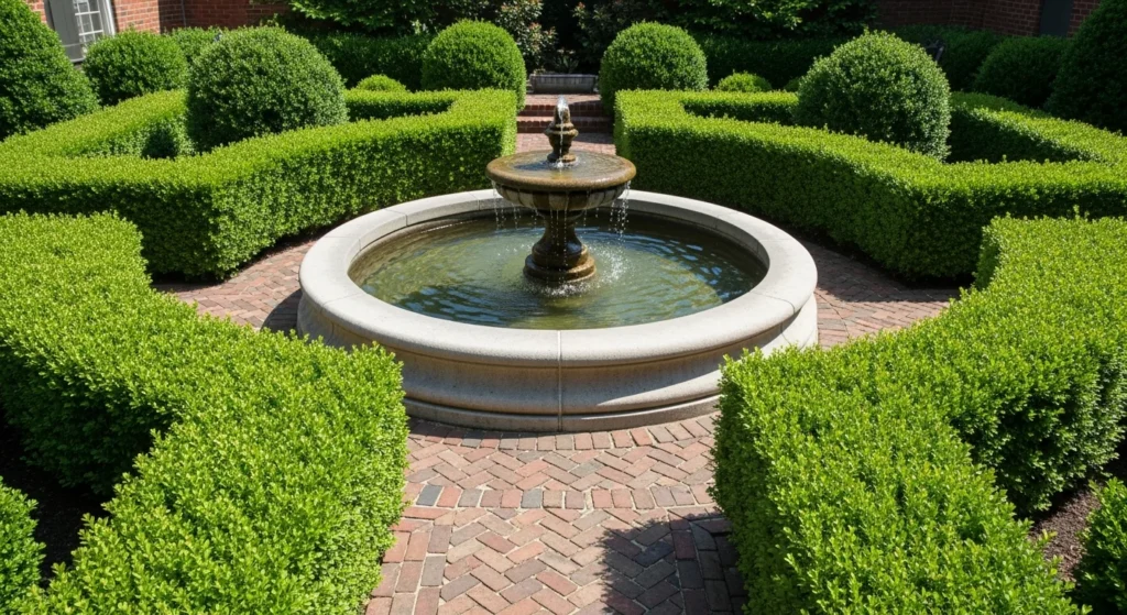 Circular stone fountain surrounded by clipped hedges in small formal garden