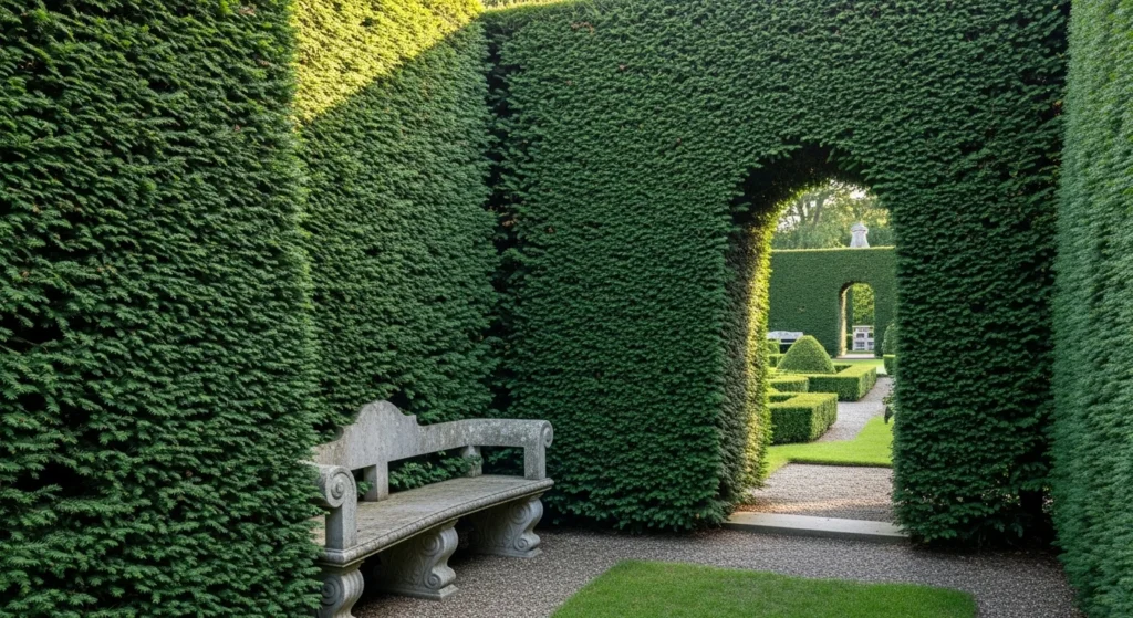 Intimate garden room enclosed by tall hedge walls with seating area
