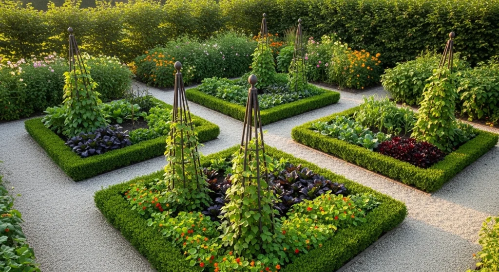 Geometric vegetable garden beds with boxwood borders and organized plantings