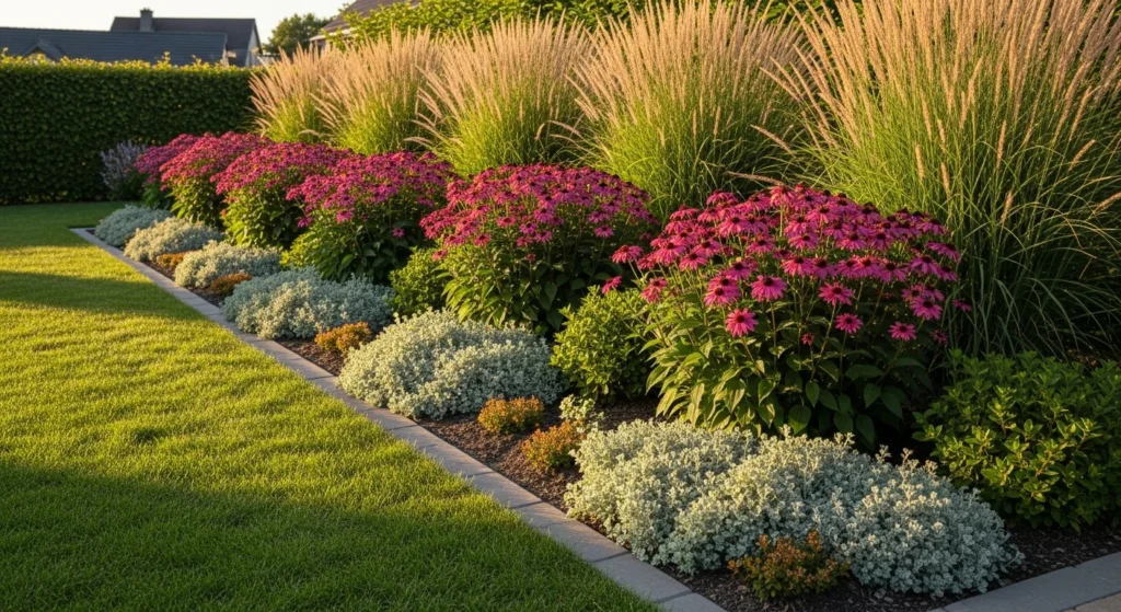 Bold simple planting scheme with massed perennials and layered height arrangement