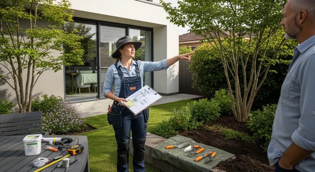 Landscape designer conducting site assessment and analyzing garden conditions for planning