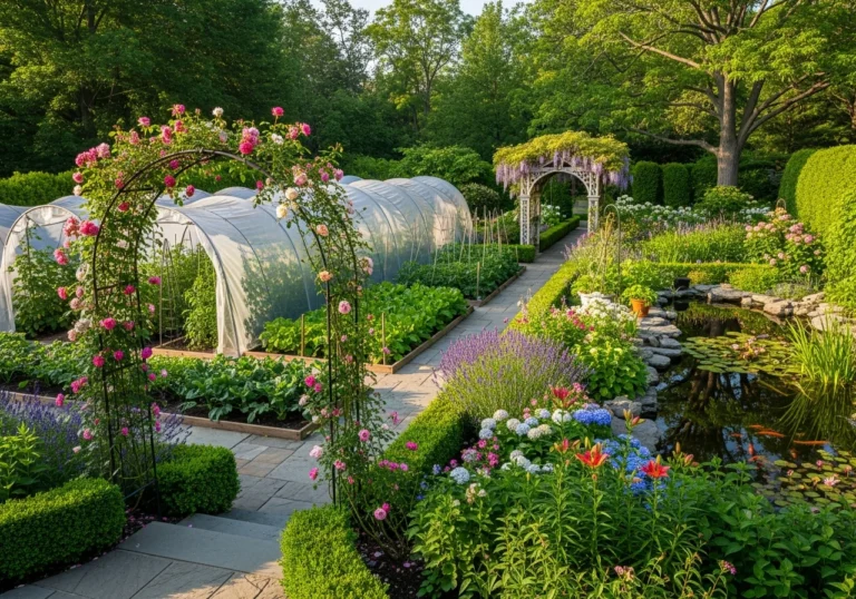 multiple types of garden tunnels including flowering arches covered in roses, vegetable growing tunnels with clear plastic covering, and decorative arbor walkways.
