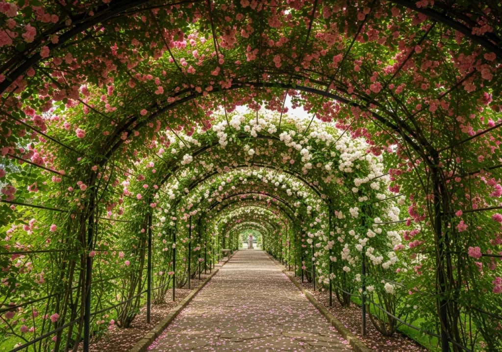An enchanting garden pathway completely covered by a tunnel of blooming climbing roses.