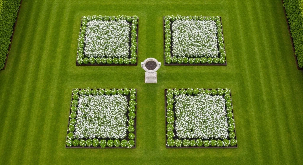 Four square planting beds arranged symmetrically around central garden feature with defined borders