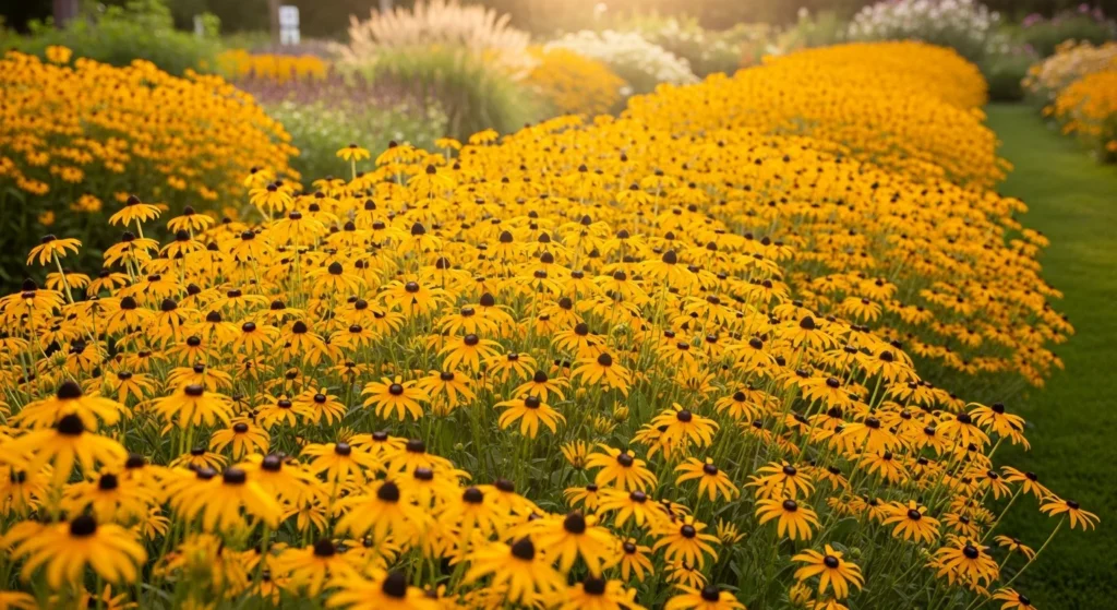 Expansive sweeping drift of golden black eyed susans creating cheerful yellow river through late summer cottage garden