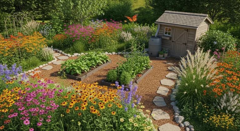 Sustainable garden with native plants, organic vegetable beds, rain barrel, and pollinator-friendly flowers creating harmony with nature