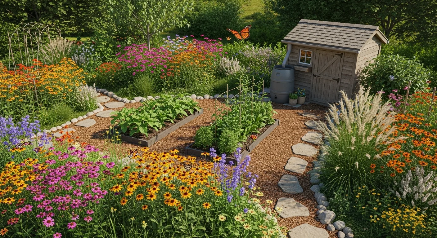 Sustainable garden with native plants, organic vegetable beds, rain barrel, and pollinator-friendly flowers creating harmony with nature
