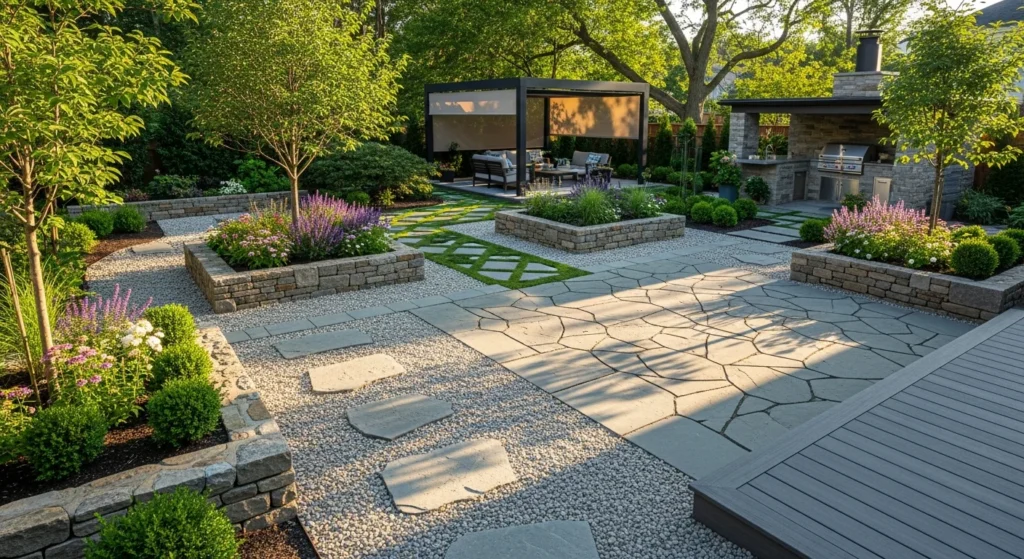 Garden hardscaping with stone patios, raised beds, and permanent structures for low maintenance