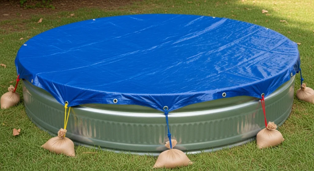 Blue reinforced tarp with grommets secured over stock tank pool using bungee cords and weights