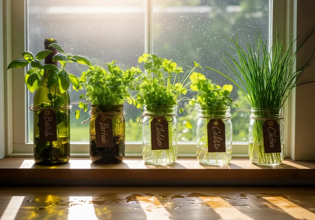 Herb Garden in Kitchen Glass Bottles
